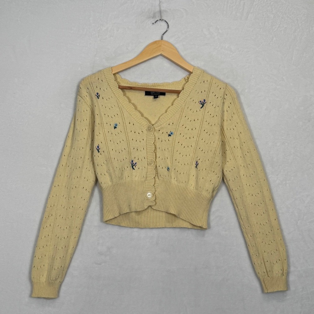 Witty Fox Yellow Floral Embroidered Pointelle Cropped Cardigan Sweater Small